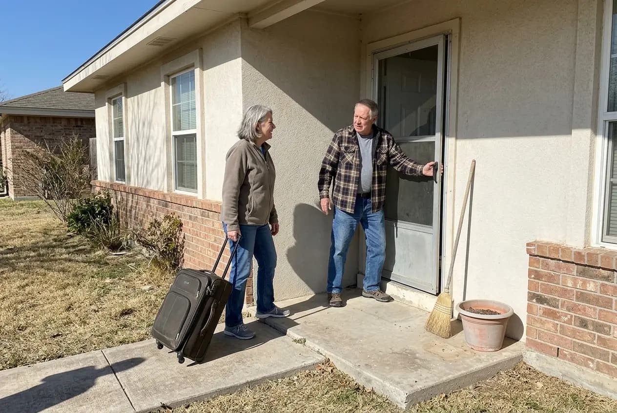 Older woman checking the doors of a winter rental in McAllen while holding a suitcase.