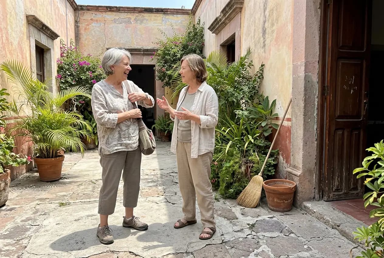 Woman in her sixties greeting another resident outside the Lake Chapala Society in Ajijic.