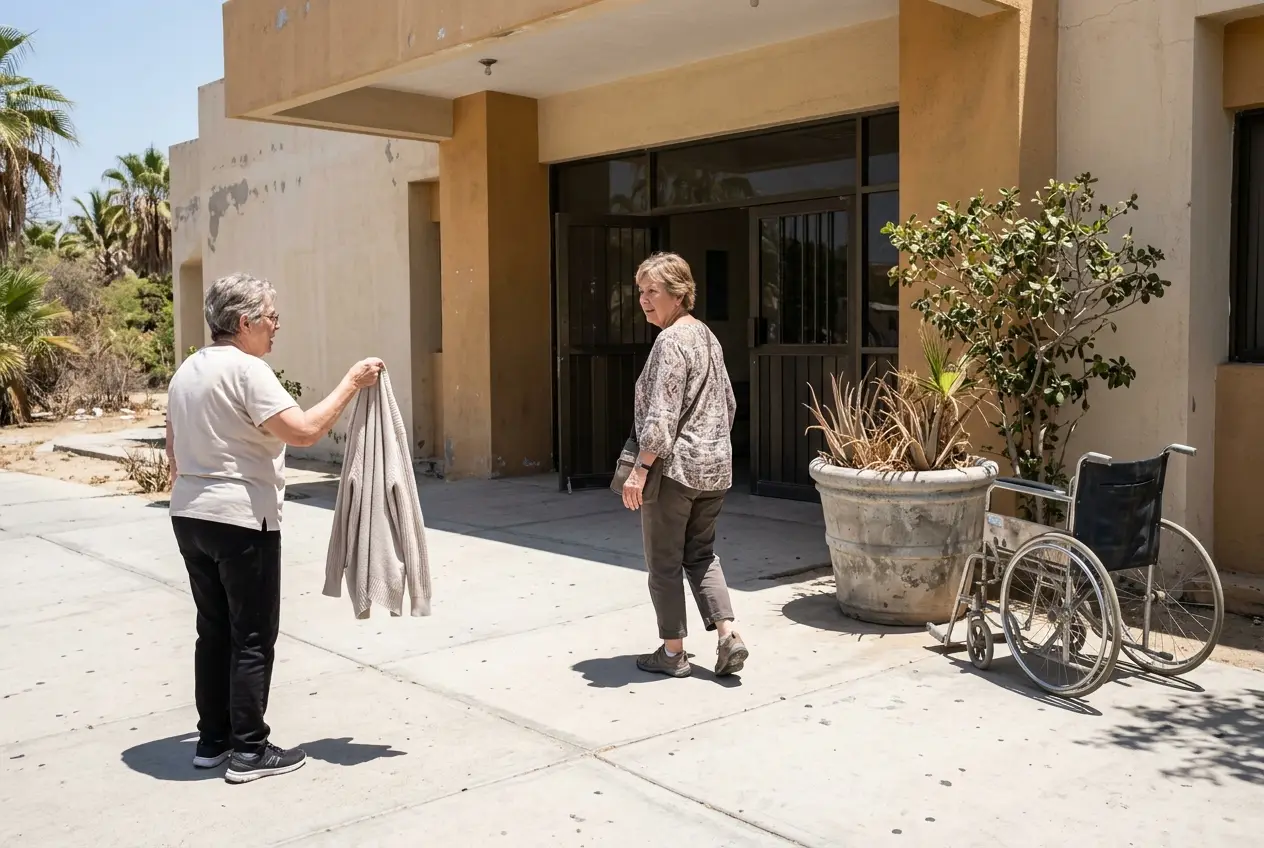 Older woman walking toward the entrance of a hospital in San José del Cabo.