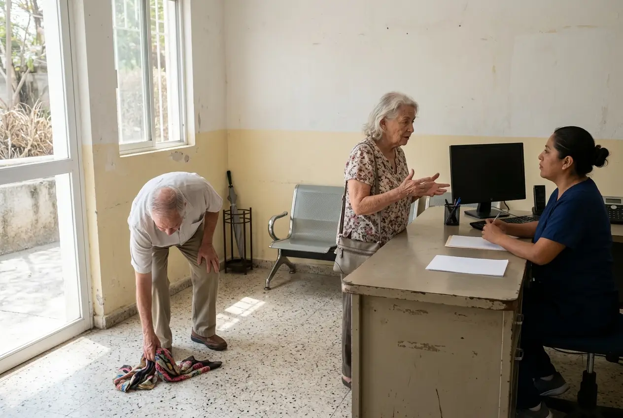 Woman in her seventies speaking with a receptionist at a Puerto Vallarta hospital.
