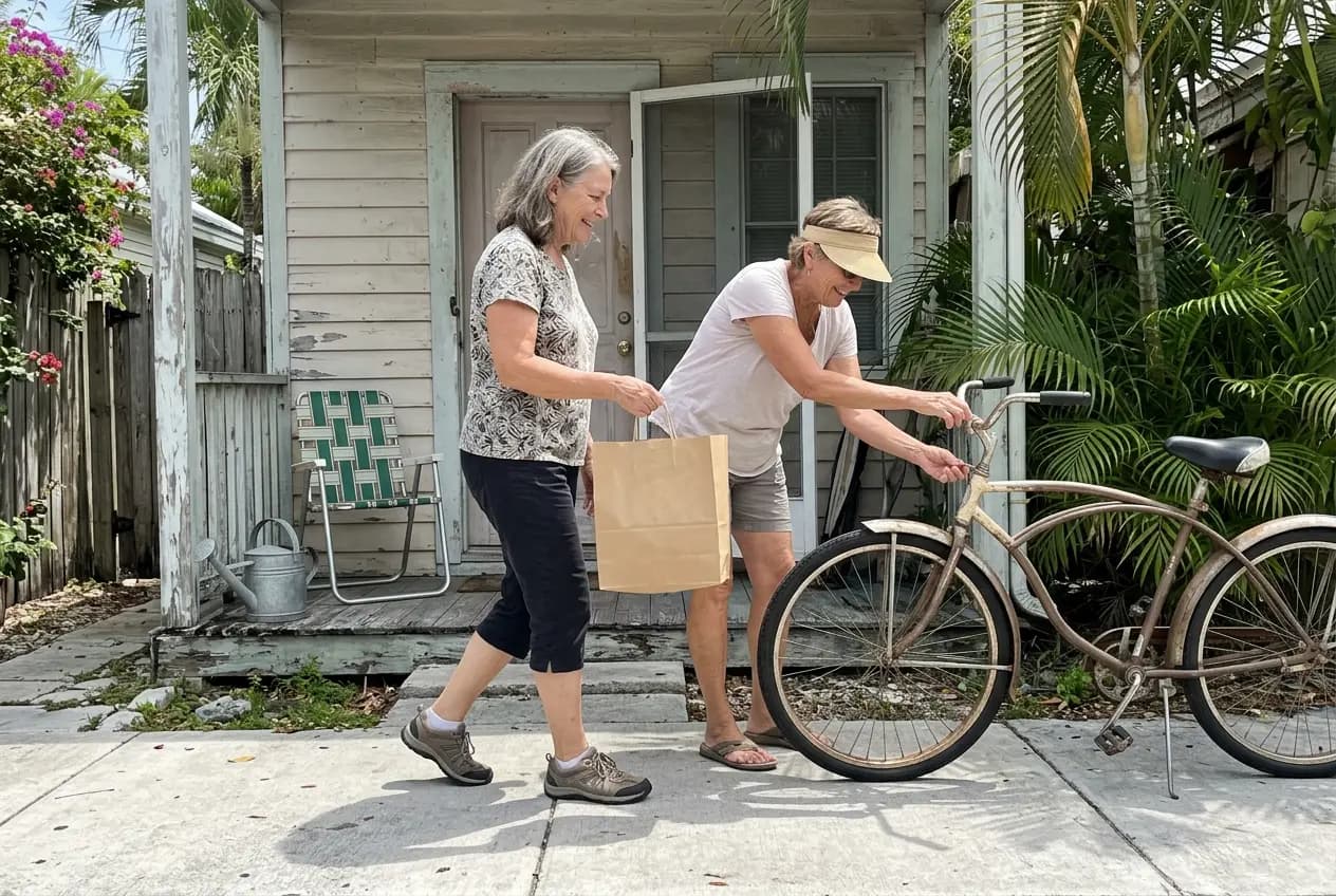 Older woman walking through Key West’s Old Town with a small shopping bag.