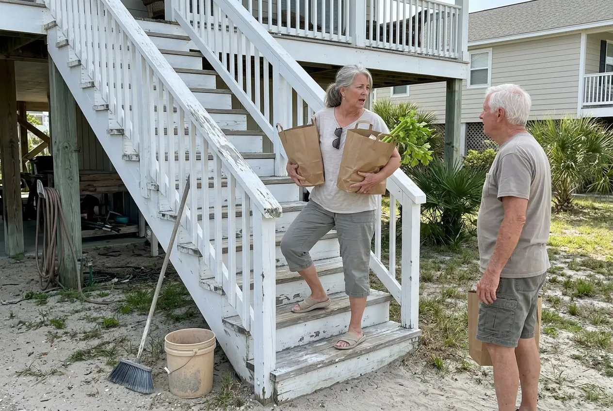 Woman in her sixties carrying groceries up the steps of a Tybee Island rental.
