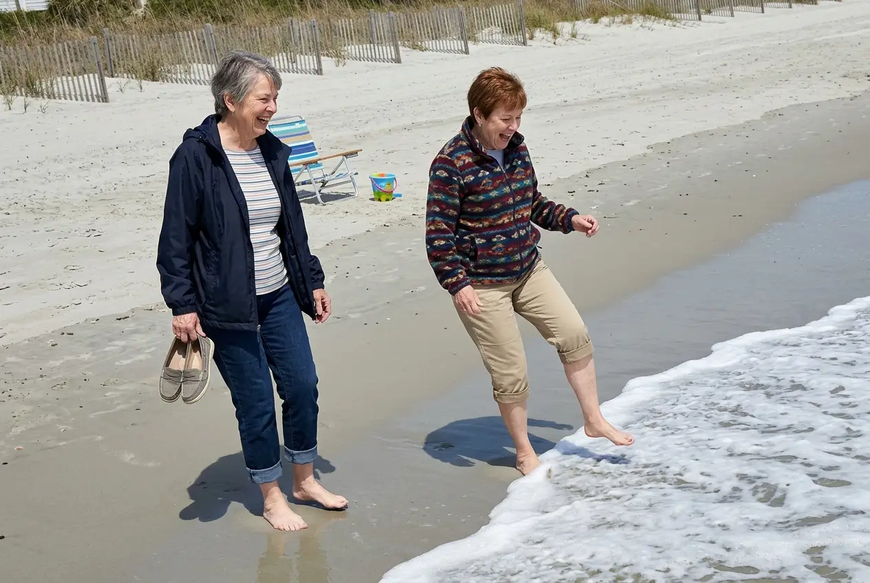 Older woman walking along Myrtle Beach in a jacket with her shoes in her hand.