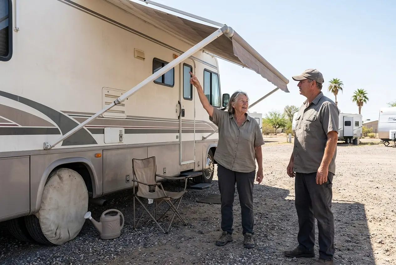 Older woman standing beside her RV at a Yuma resort while speaking with a park attendant.