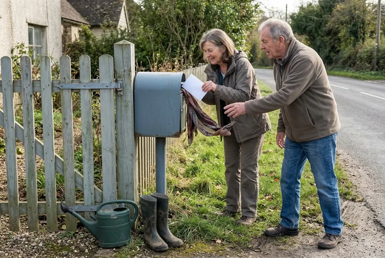 Woman in her sixties placing a mail-forwarding envelope in a curbside mailbox.