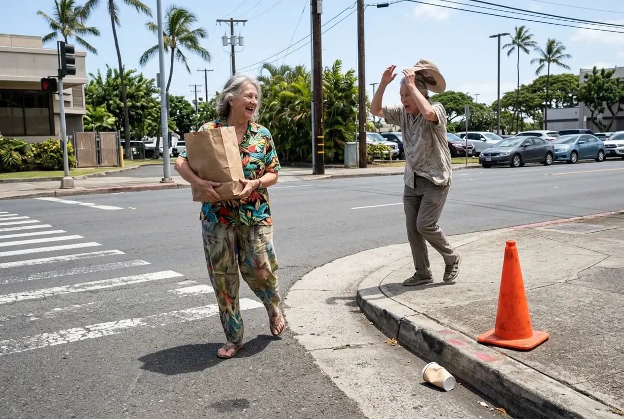 Woman in her seventies crossing a Honolulu street with a grocery bag in her hand.