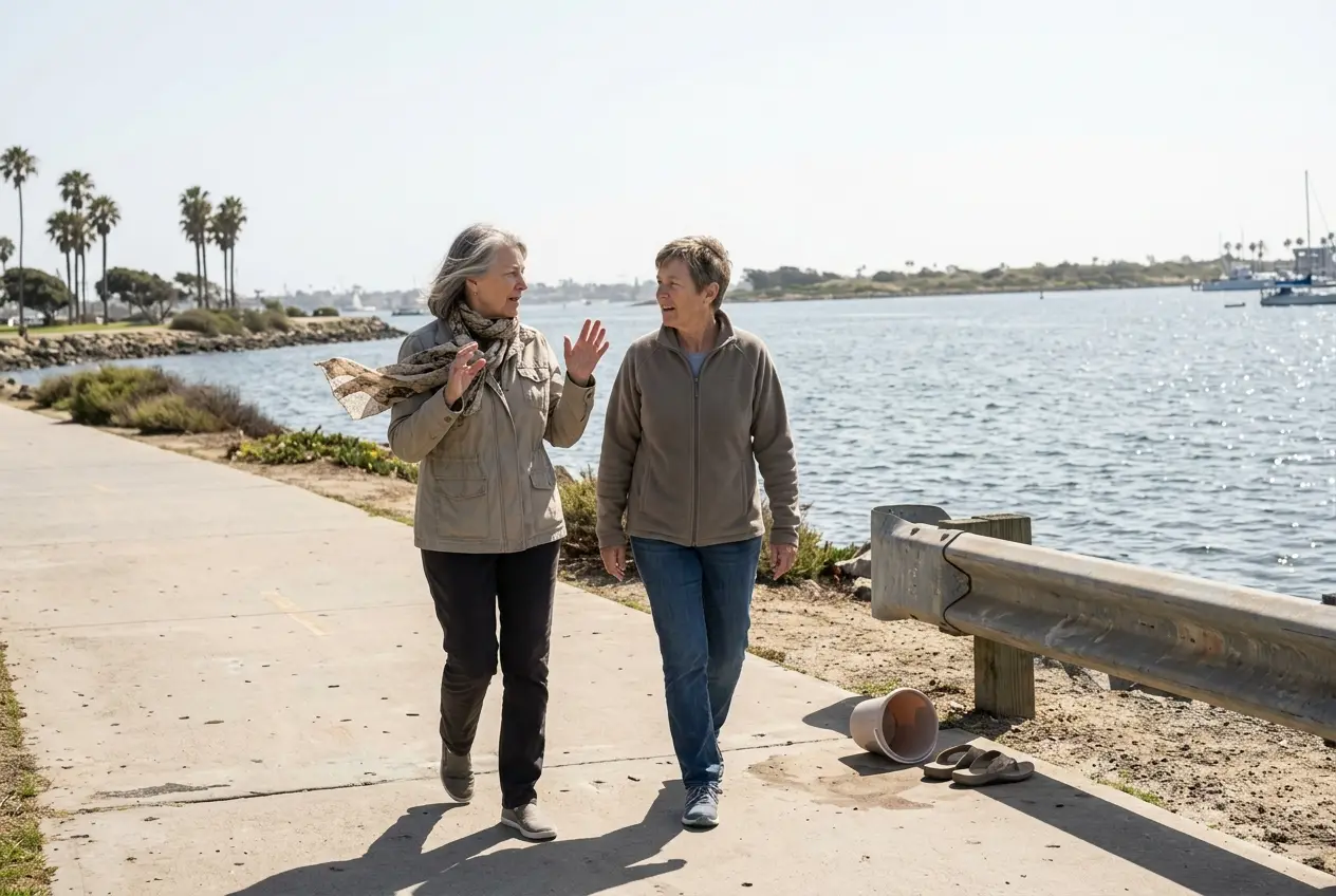 Older woman walking beside the water in San Diego wearing a light jacket.