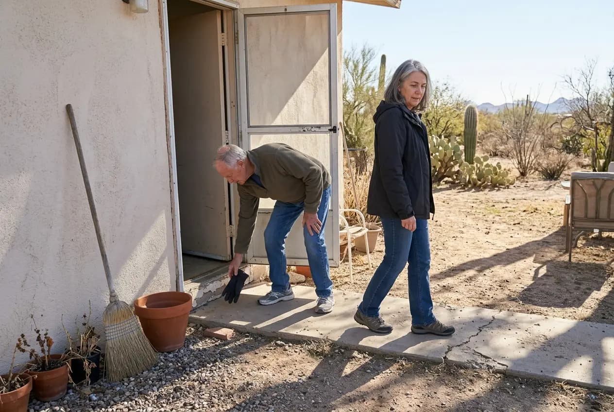 Woman in her sixties stepping out of a Tucson rental doorway beneath a clear winter sky.