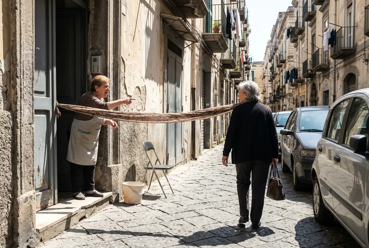 Older woman walking from a Naples apartment building toward a parked car on a sunny street.