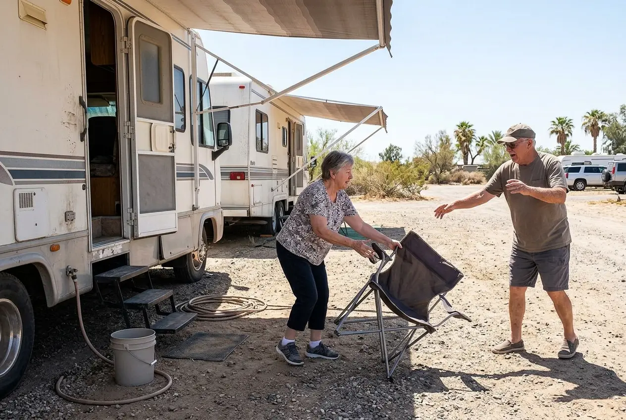 Older woman greeting a neighbor beside two RVs at a Yuma park.
