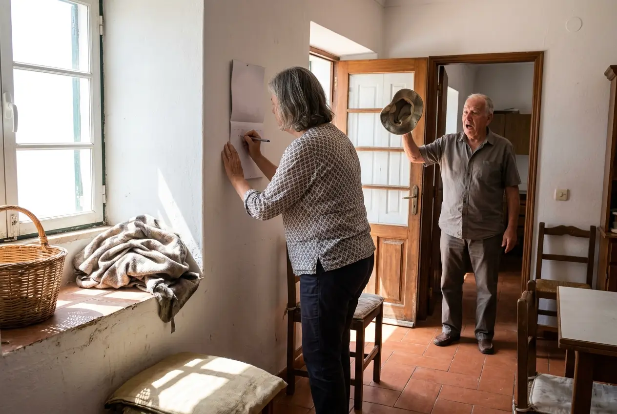 Woman in her seventies marking travel dates on a wall calendar in an Algarve rental.