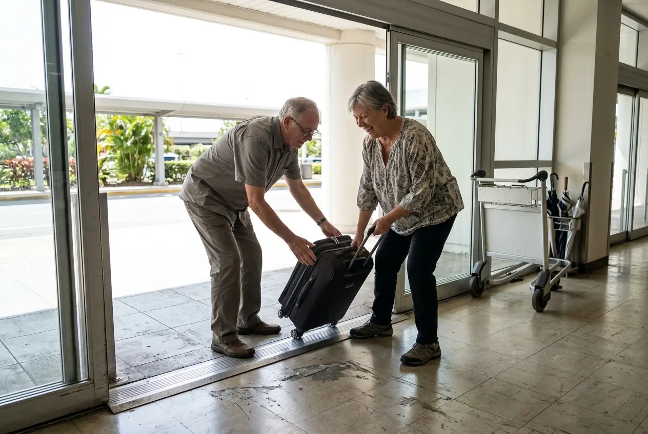 Older woman carrying a suitcase out of a Penang airport arrival hall.