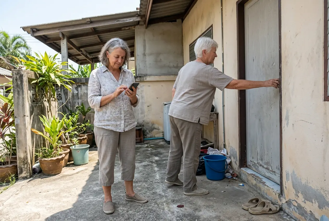 Woman in her sixties checking a calendar on her phone outside a Phuket rental.