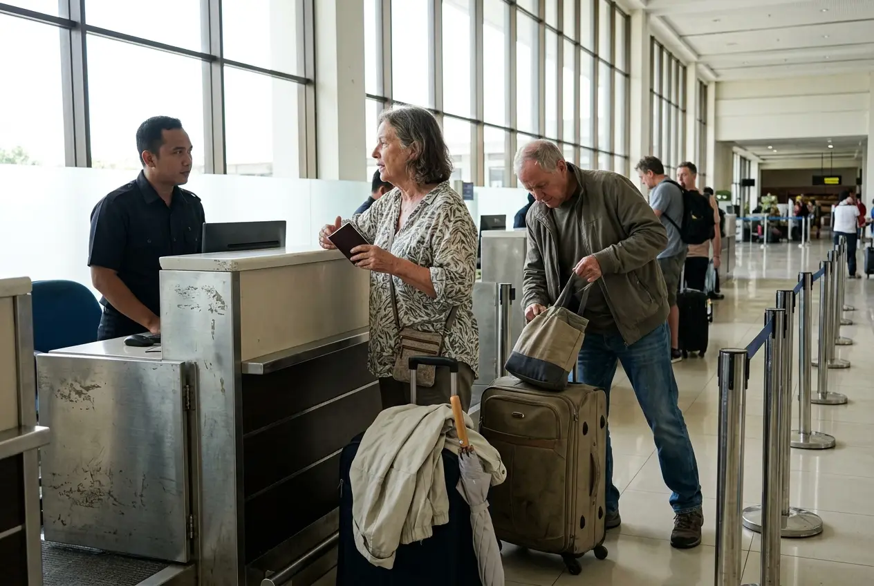 Older woman speaking with an immigration officer at an airport counter in Bali.