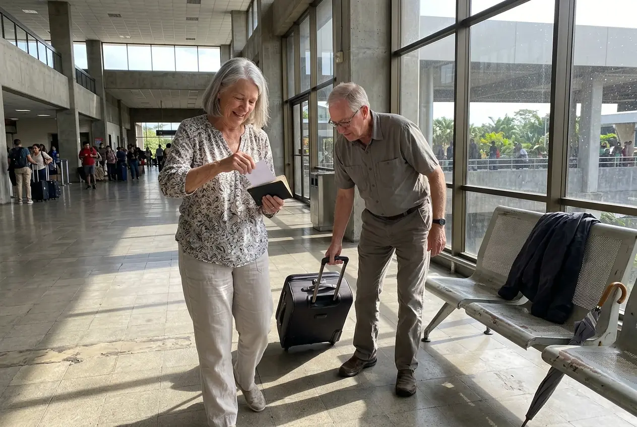Woman in her seventies placing her return ticket in a passport at a Costa Rica airport.