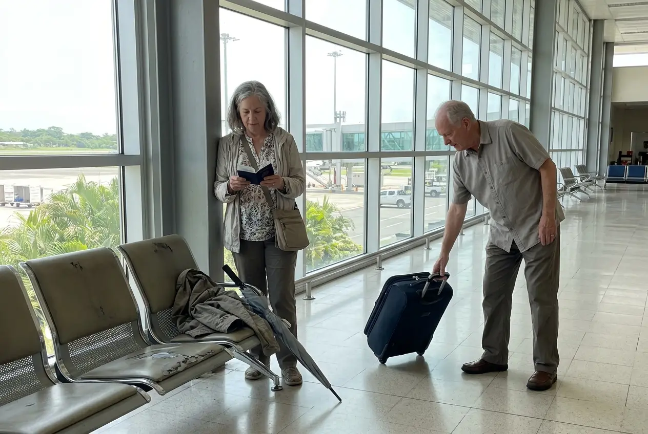 Older woman checking the entry stamp in her passport at a Panama airport.