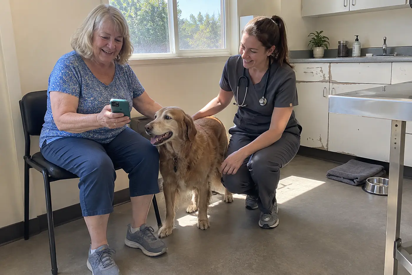 An older woman shows a video of her dog's first stiff steps to a veterinarian in an exam room.