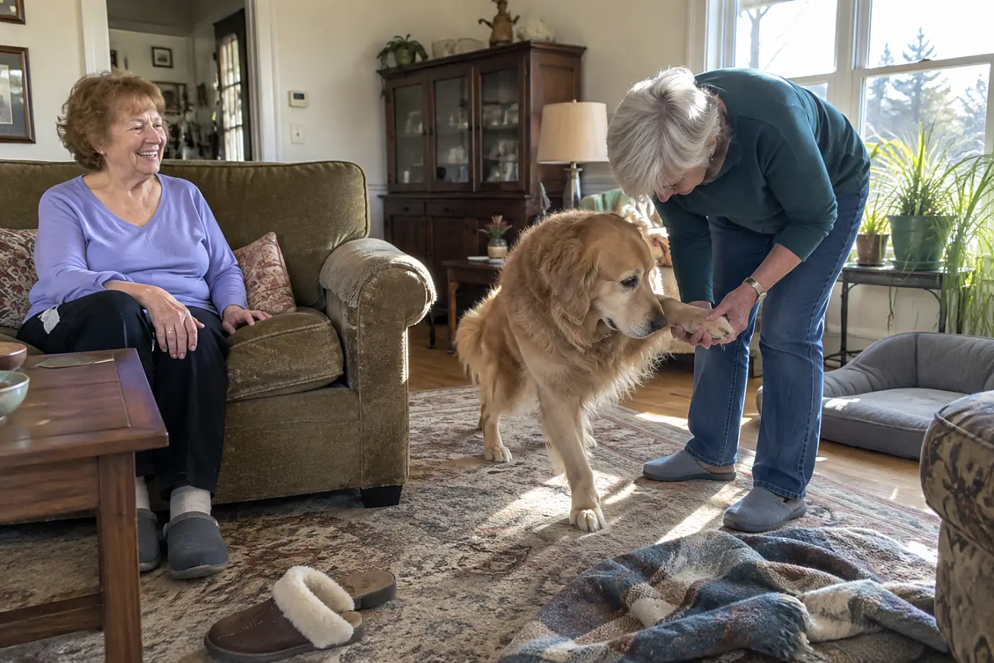 An older woman examines her standing dog's nails on a living room floor.