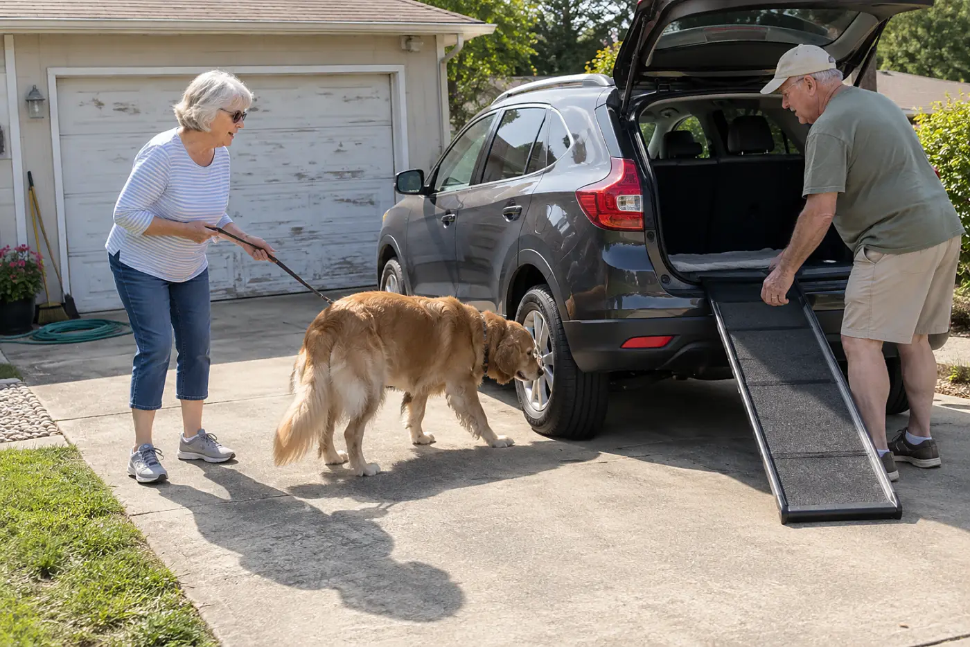 An older woman guides her dog toward a ramp beside a parked car in a driveway.