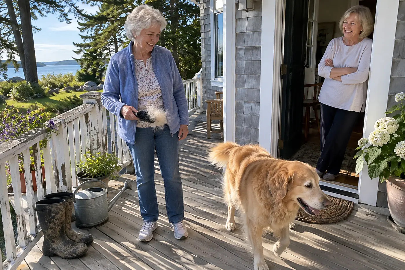 An older woman pauses with a brush in her hand while her dog steps away on a porch.