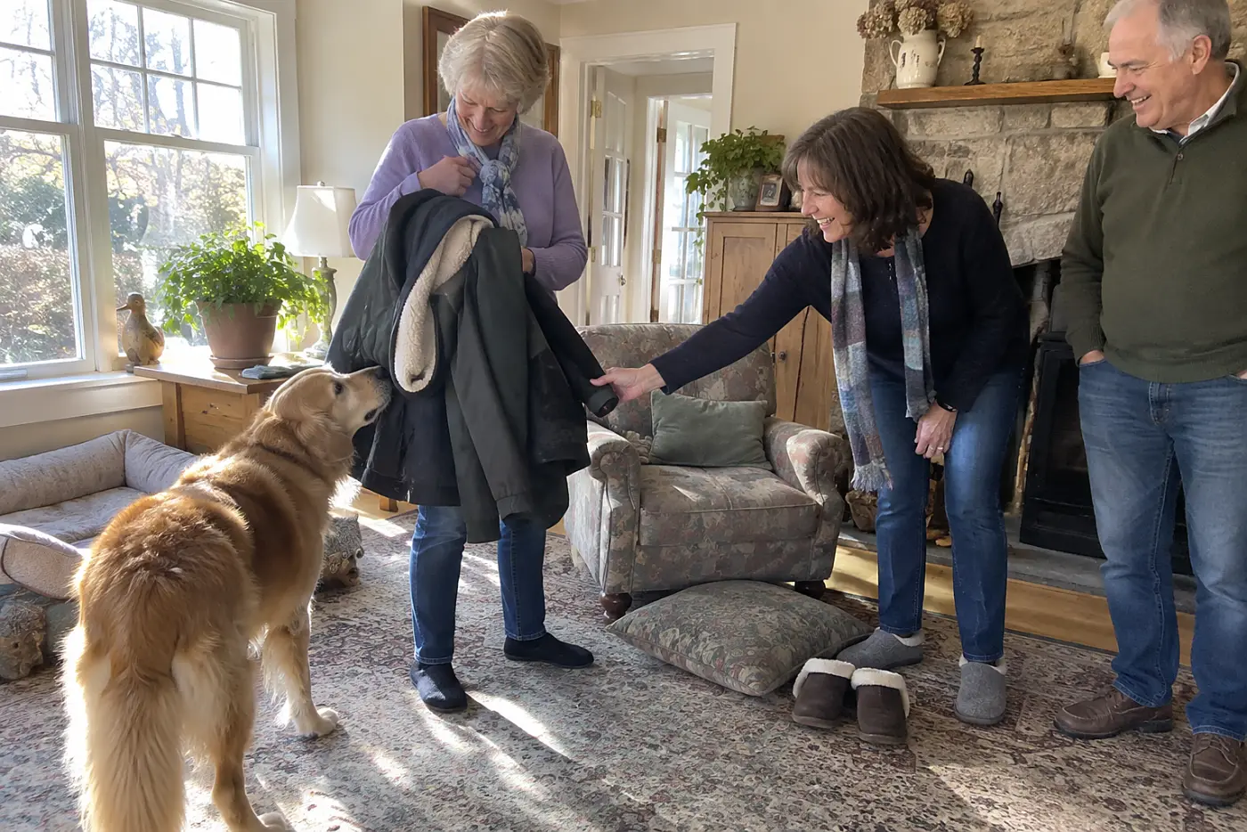 An older woman moves guests' coats away from her dog's corner in a den.