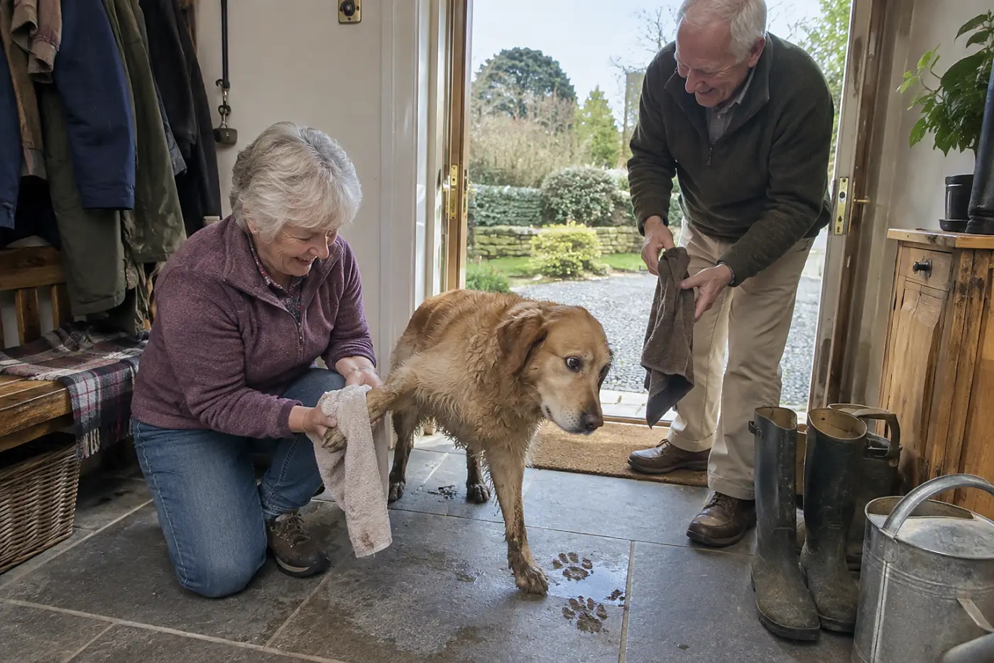 An older woman dries her dog's paws with a towel inside a back door.
