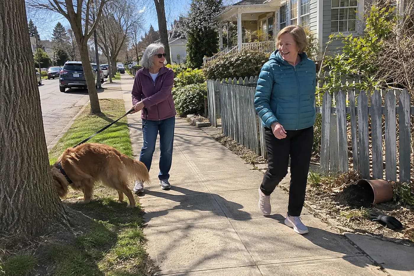 An older woman stops beside her dog as he sniffs a tree on a neighborhood sidewalk.