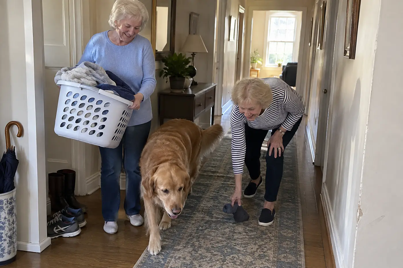 An older woman lifts a laundry basket from her dog's path in a hallway.