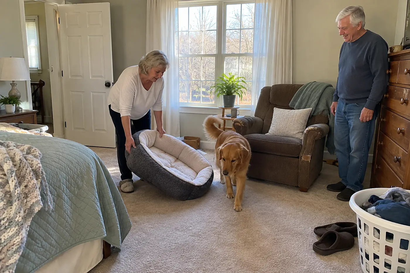 An older woman places a dog bed near her chair in a bedroom, away from the doorway.