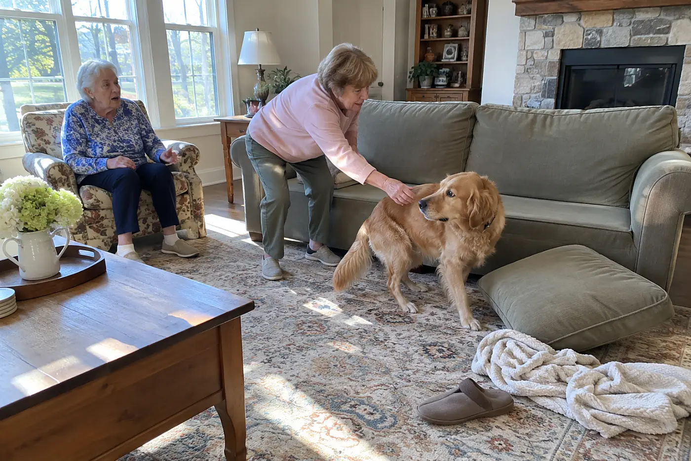 An older woman faces her dog and says his name before reaching toward his collar in a living room.