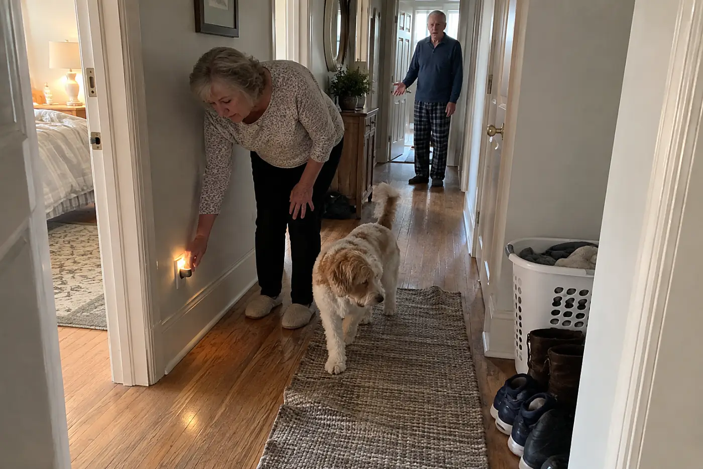 An older woman switches on a night-light as her dog walks down a hallway.