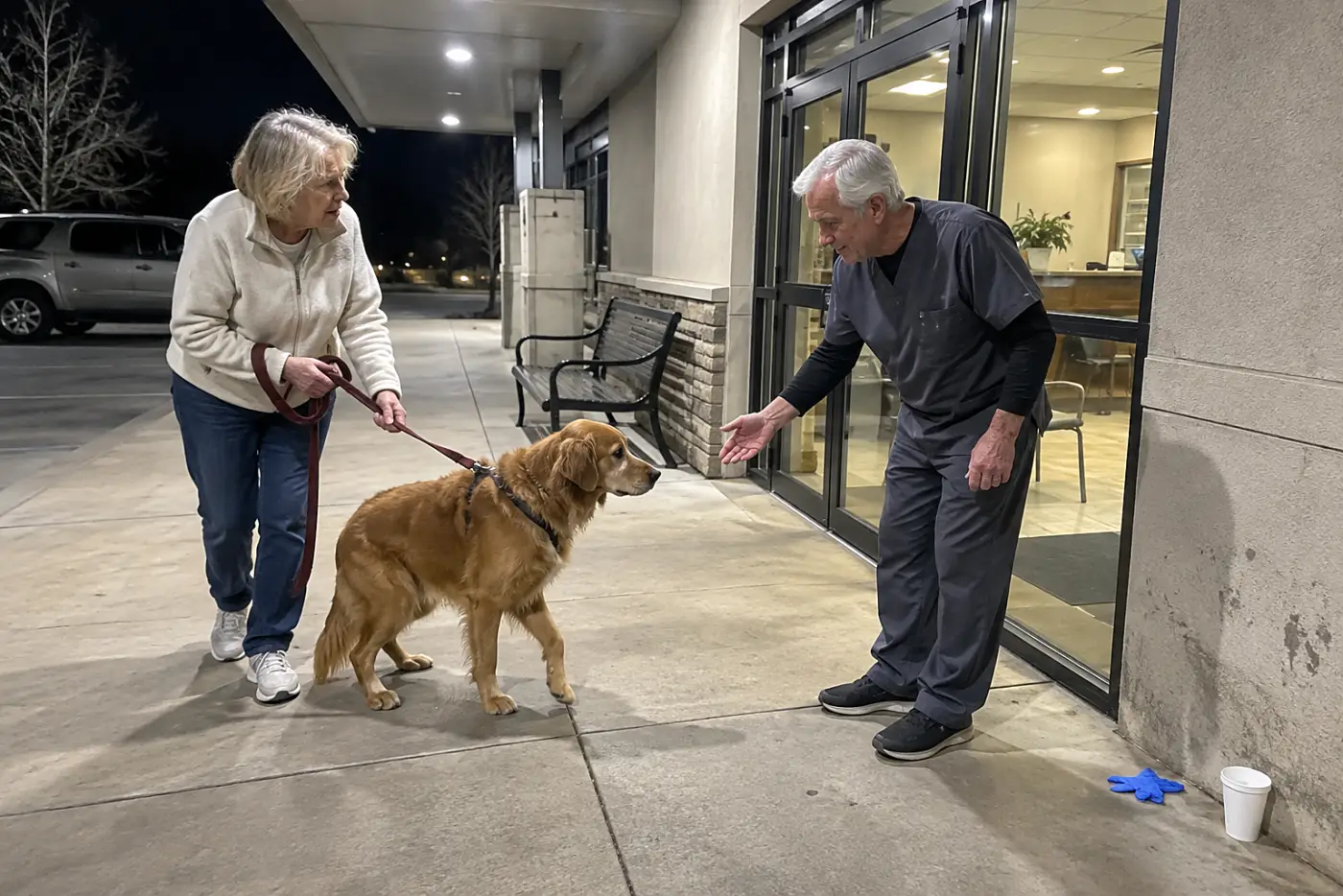 An older woman reaches for her dog's leash beside the door of an emergency veterinary hospital at night.