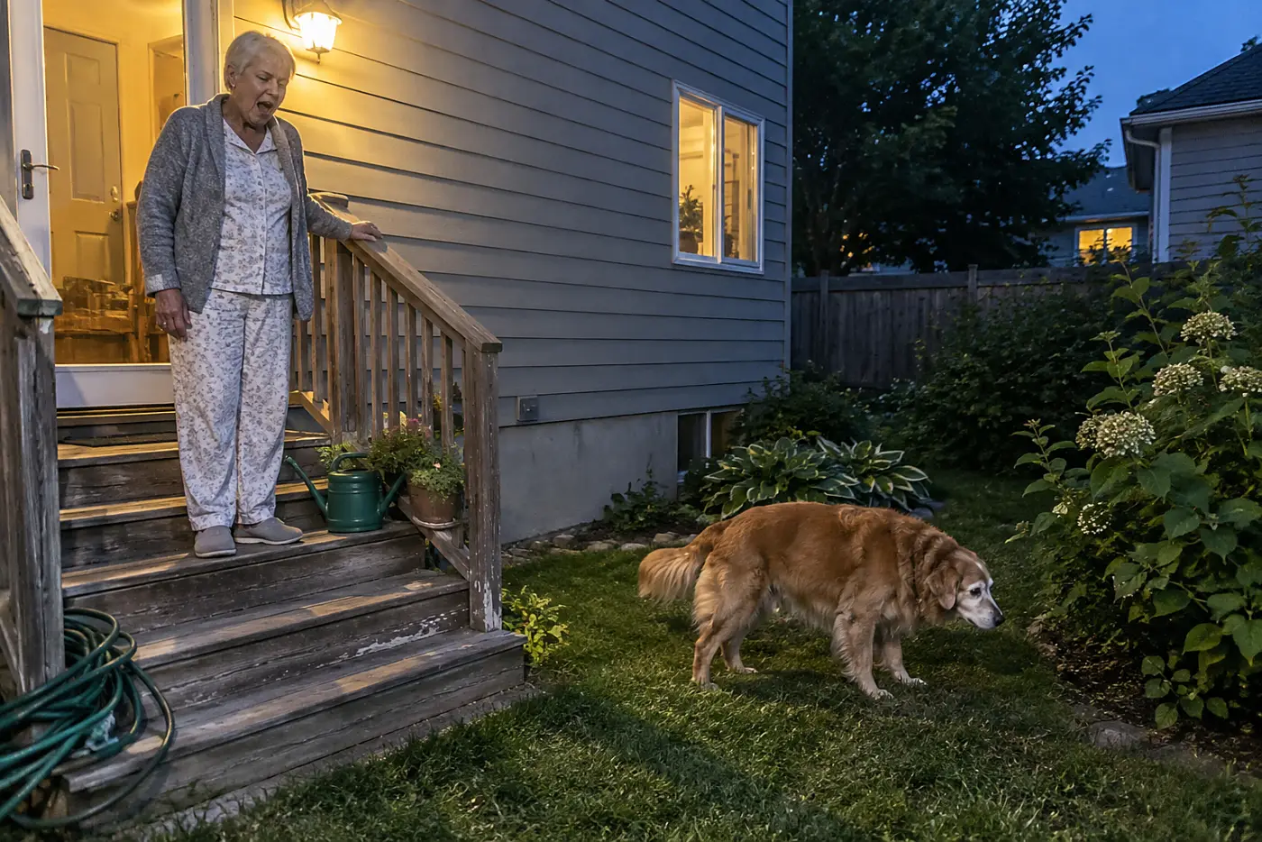 An older woman waits on her back steps while her aging dog sniffs the grass before bed.