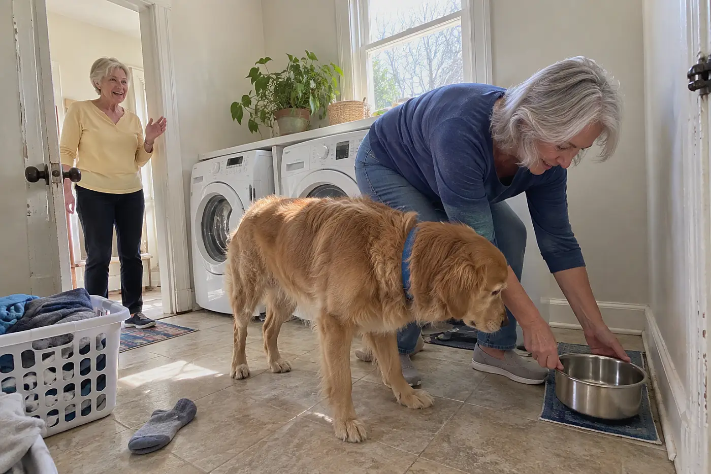 An older woman moves her dog's water bowl away from a tight corner in a laundry room.