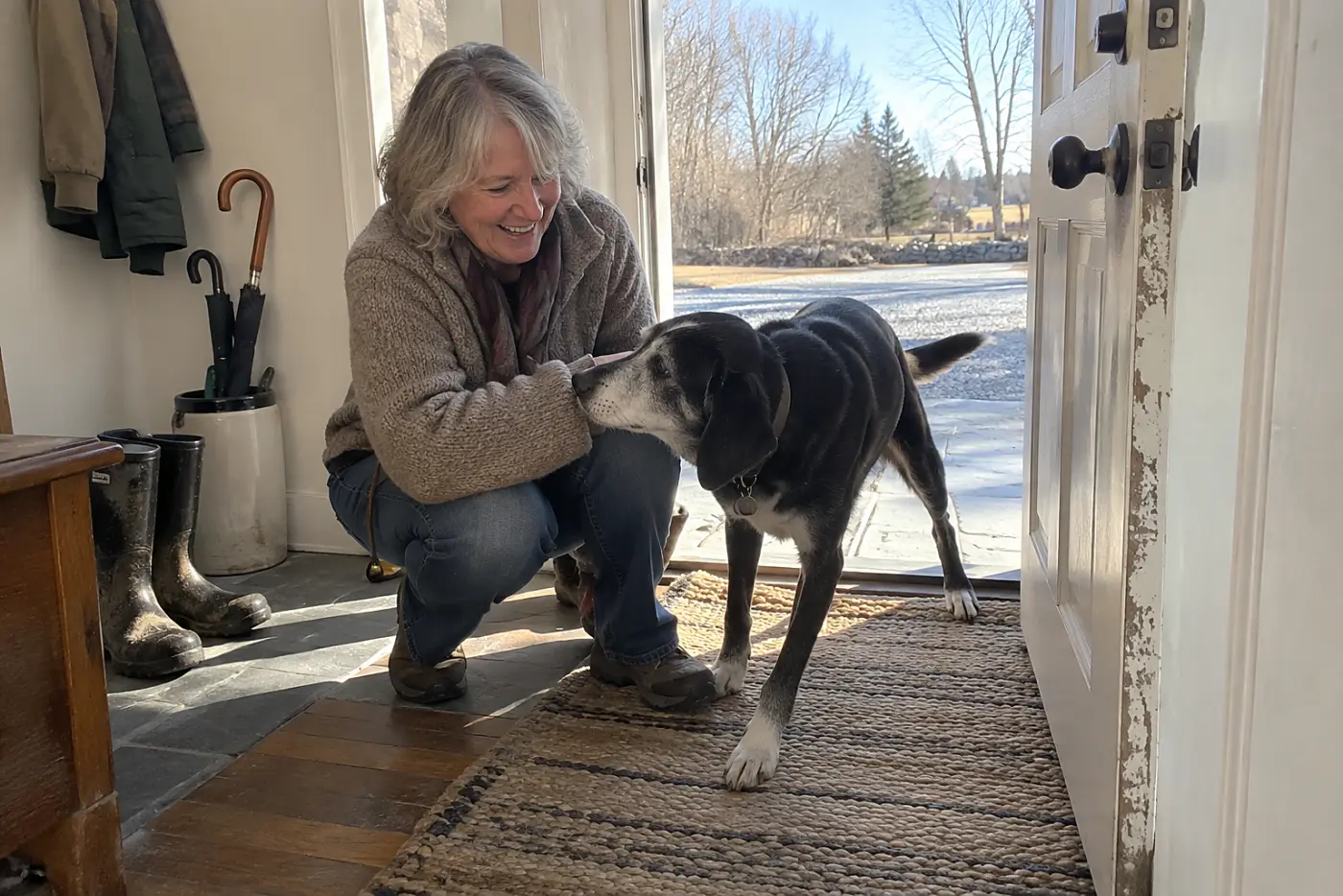 An older woman crouches to greet her gray-muzzled dog on a rug inside her front door.