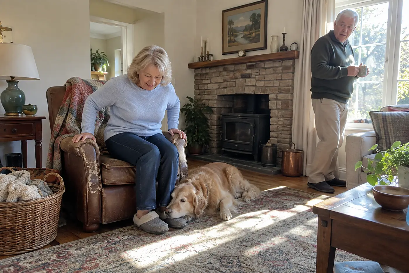 An older woman settles into her armchair while her dog lies beside her in a living room.