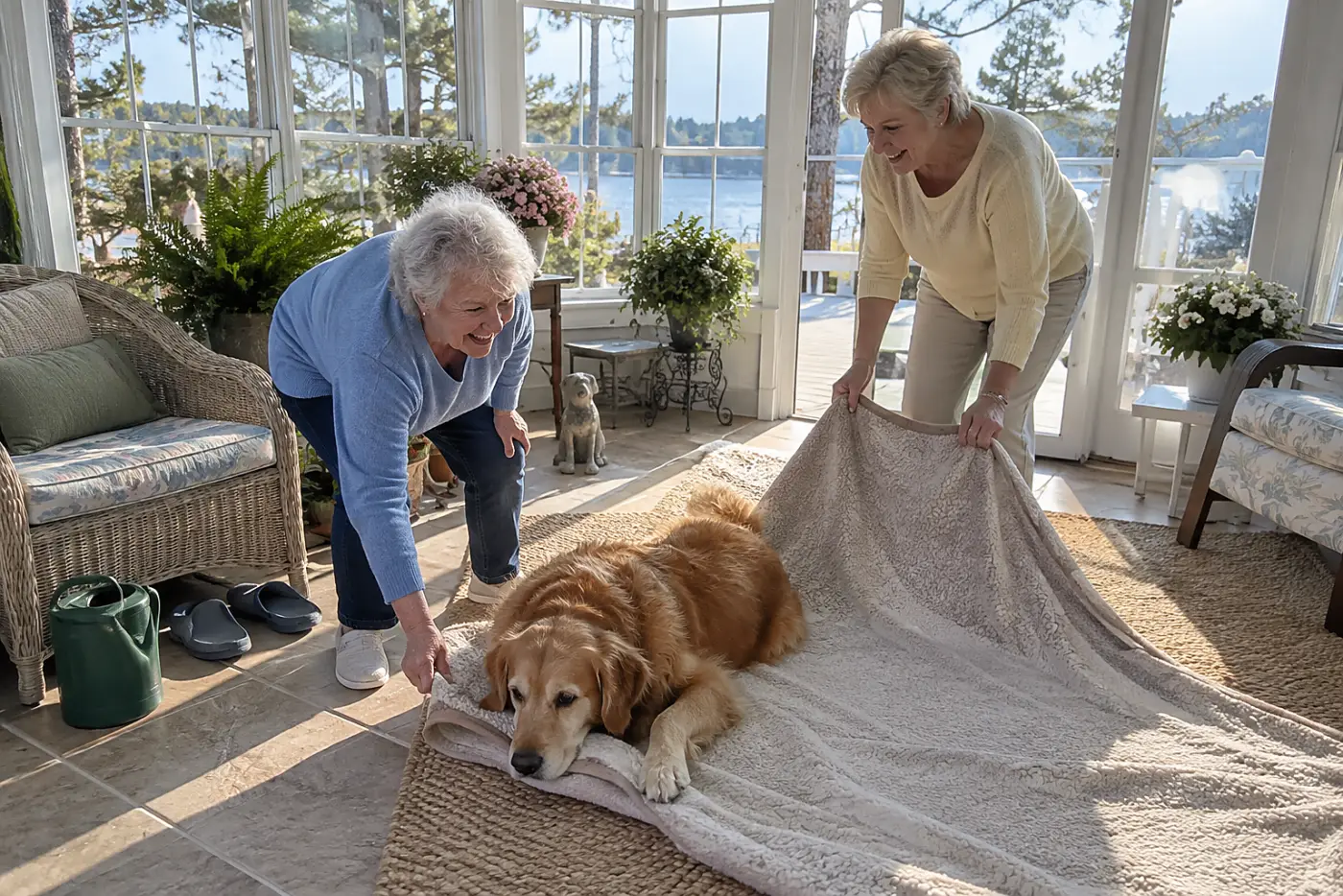 An older woman spreads a dry blanket flat for her dog in a sunroom.