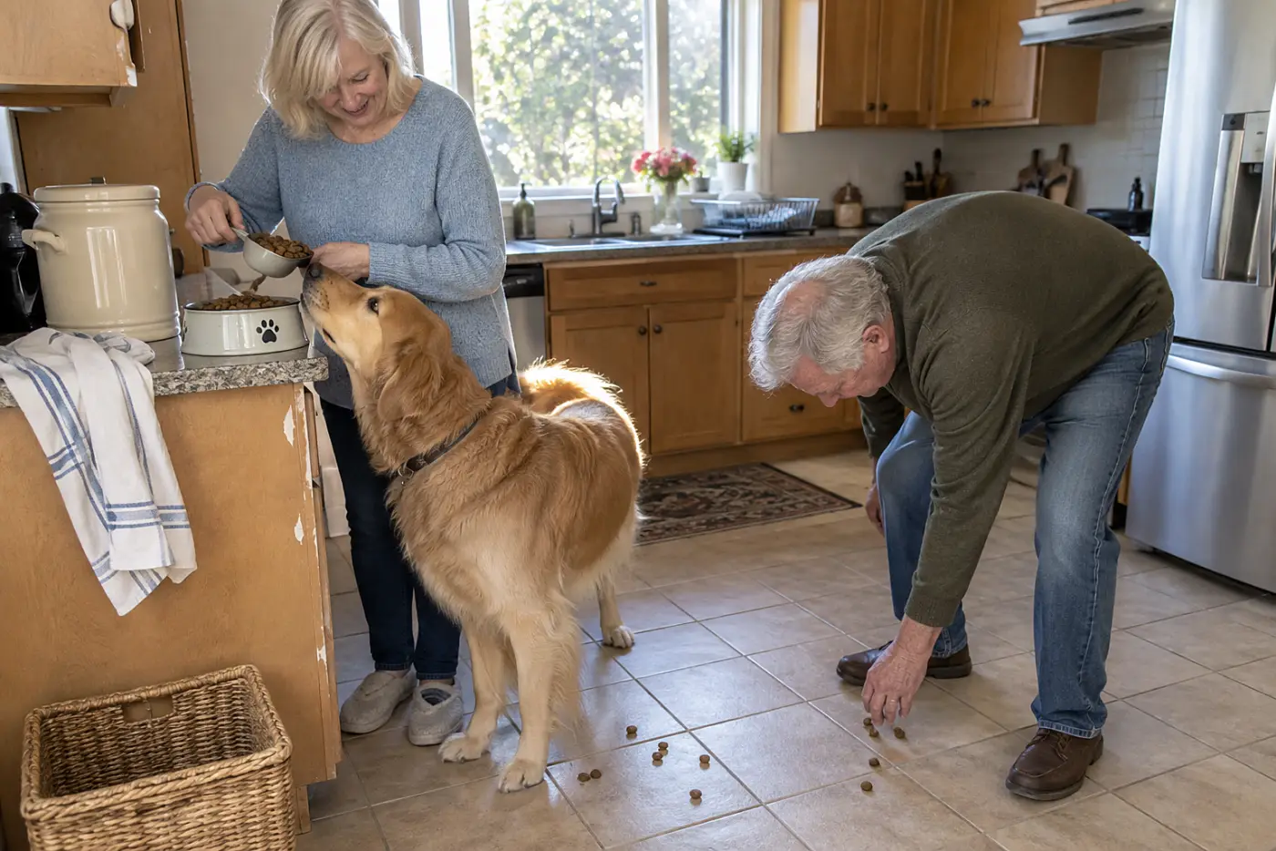 An older woman measures dog food into a bowl beside a kitchen cupboard.