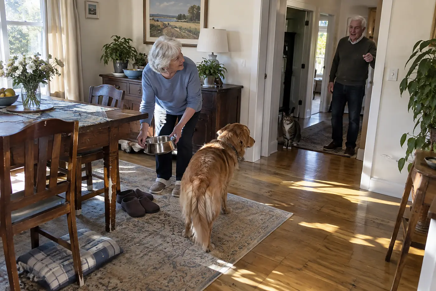 An older woman sets her dog's bowl in a dining room while another pet waits in the hall.