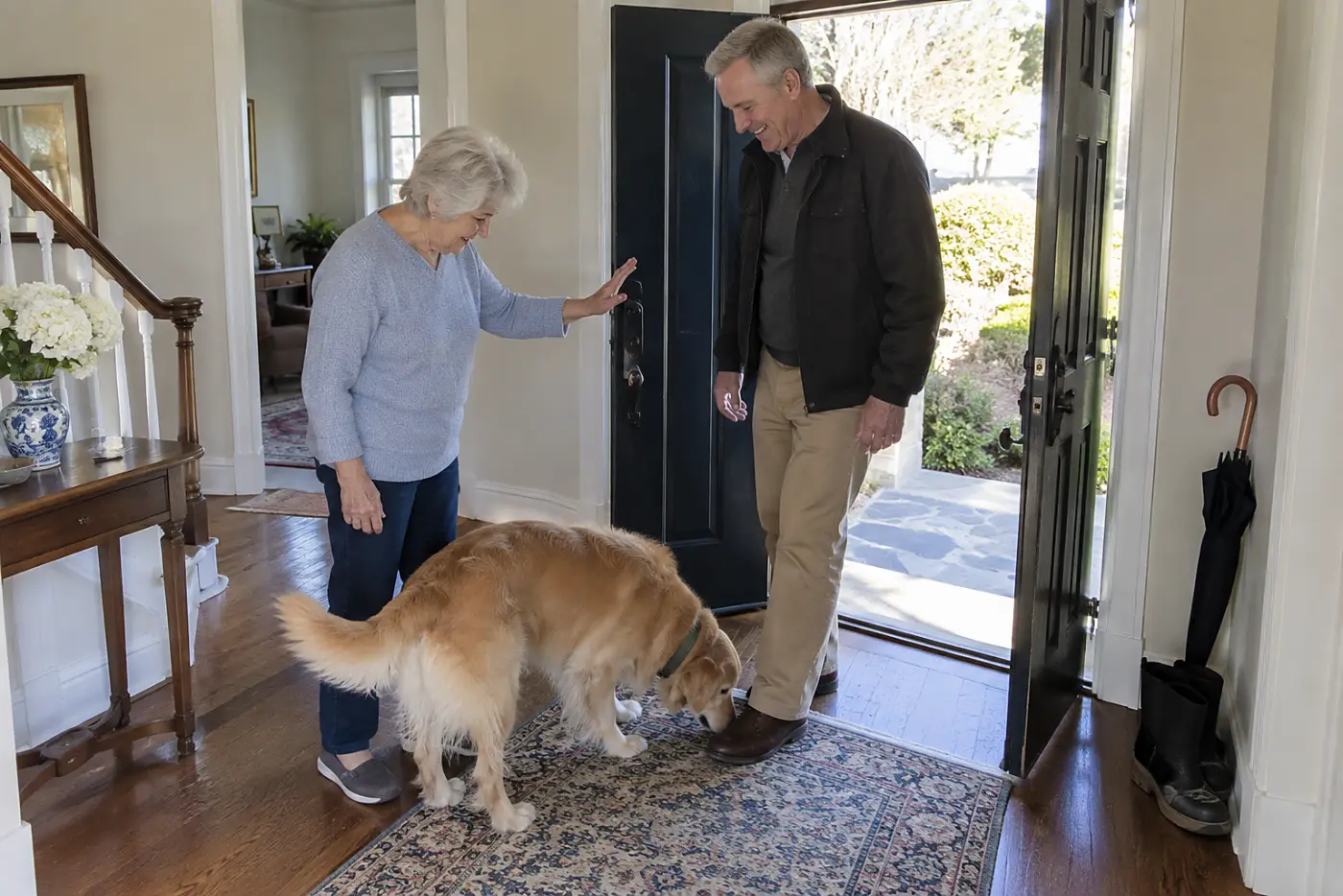 An older woman holds a hand out to a visitor while her dog approaches in the front hall.