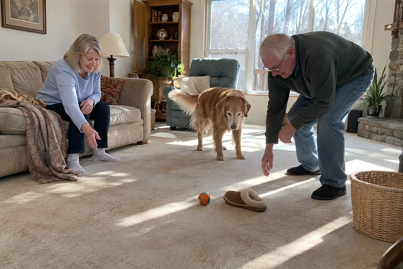 An older woman rolls a toy toward her aging dog across a carpeted room.