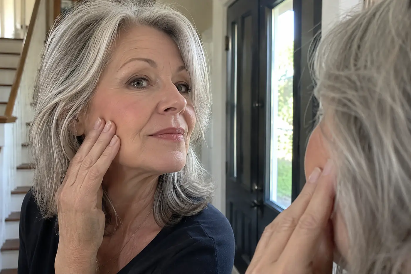 Woman comparing her cheeks in a front-hall mirror after blending blush high on one side.