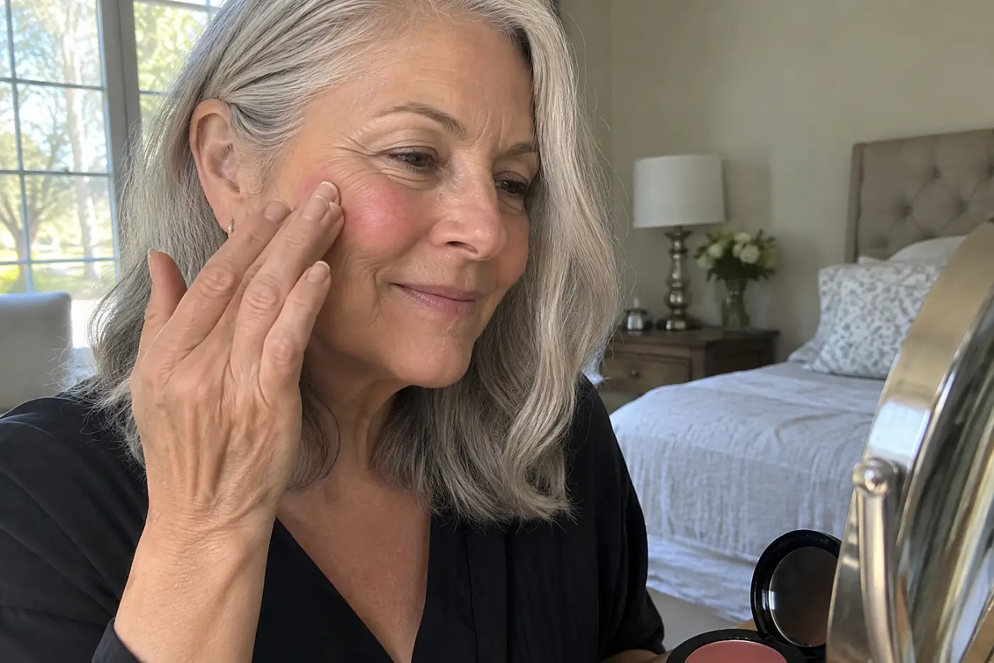 Woman dabbing cream blush onto her cheek in a bedroom mirror beside an open compact.