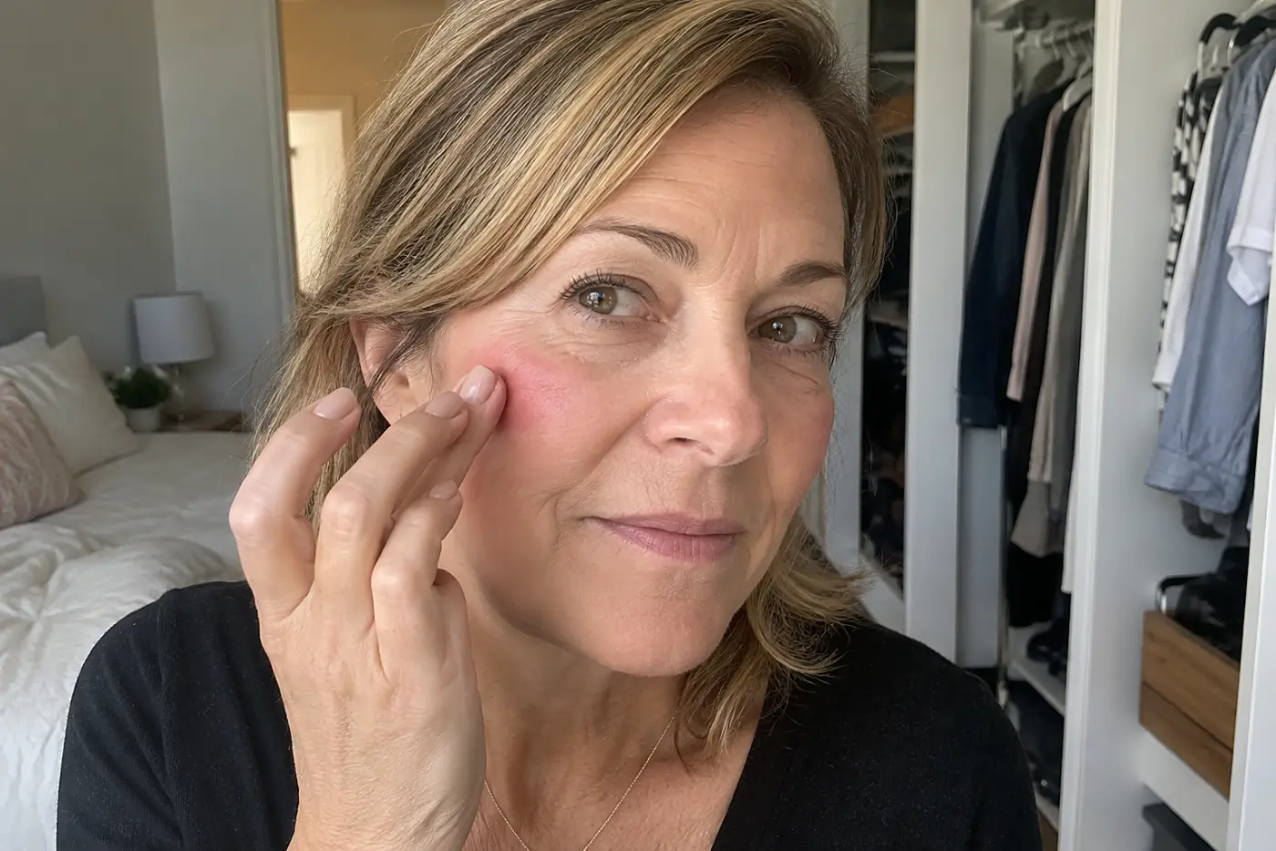 Woman applying cream blush beside an open closet before leaving home.