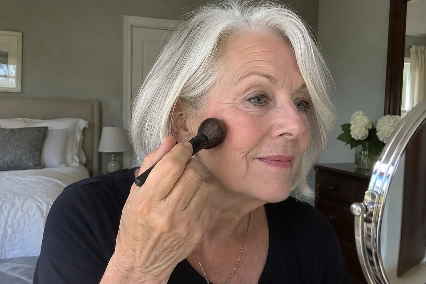 Woman brushing baked blush onto one cheek at a bedroom vanity.