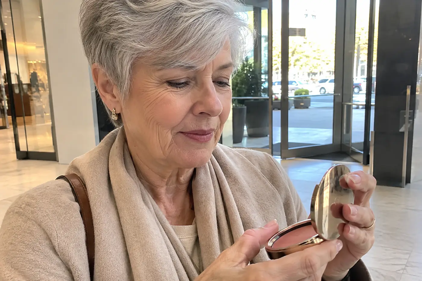 Woman opening a mirrored blush compact while standing near a department store exit.