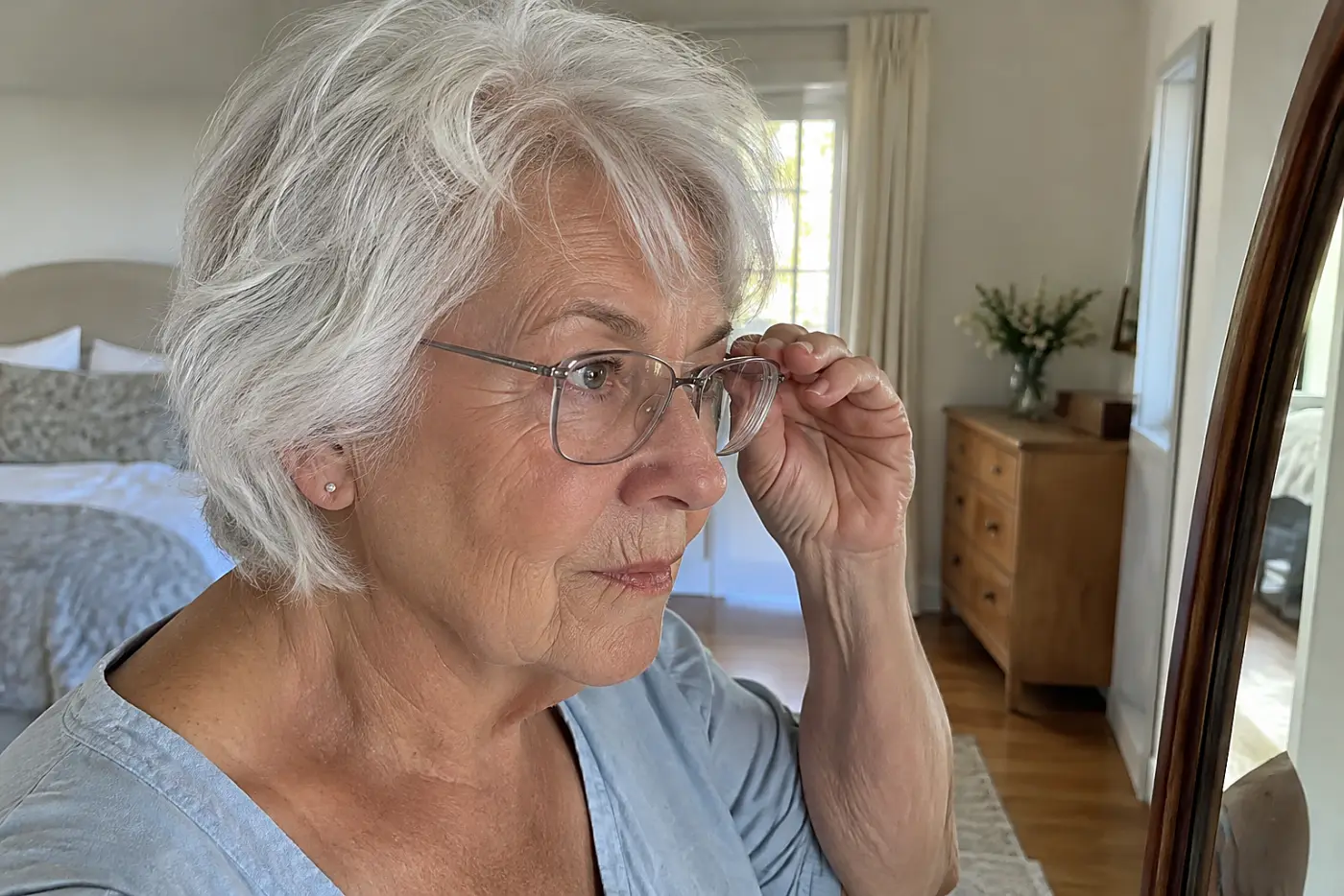 Woman adjusting silver glasses near a mirror in her bedroom.