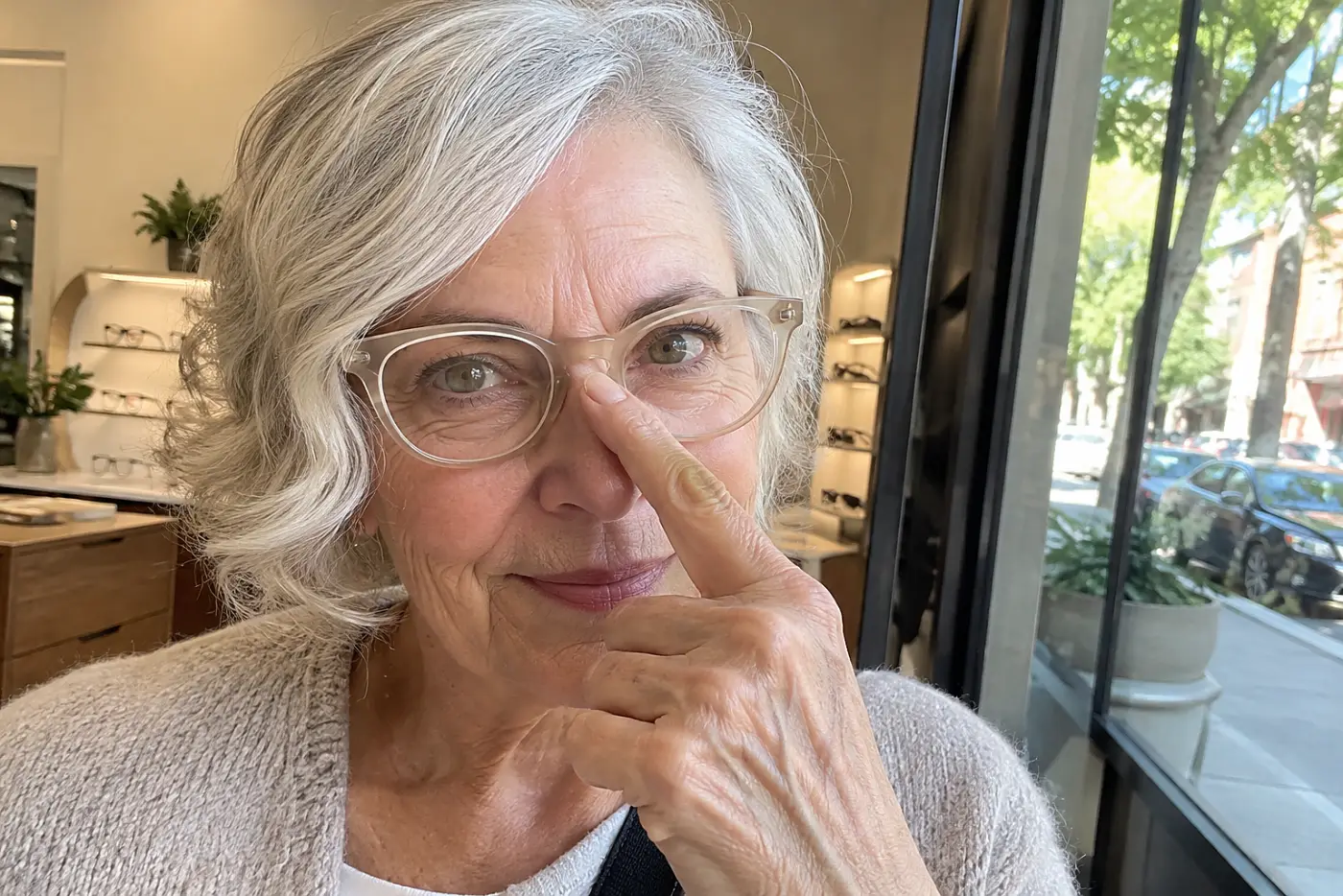 Woman trying on champagne-colored frames beside a sunlit shop window.