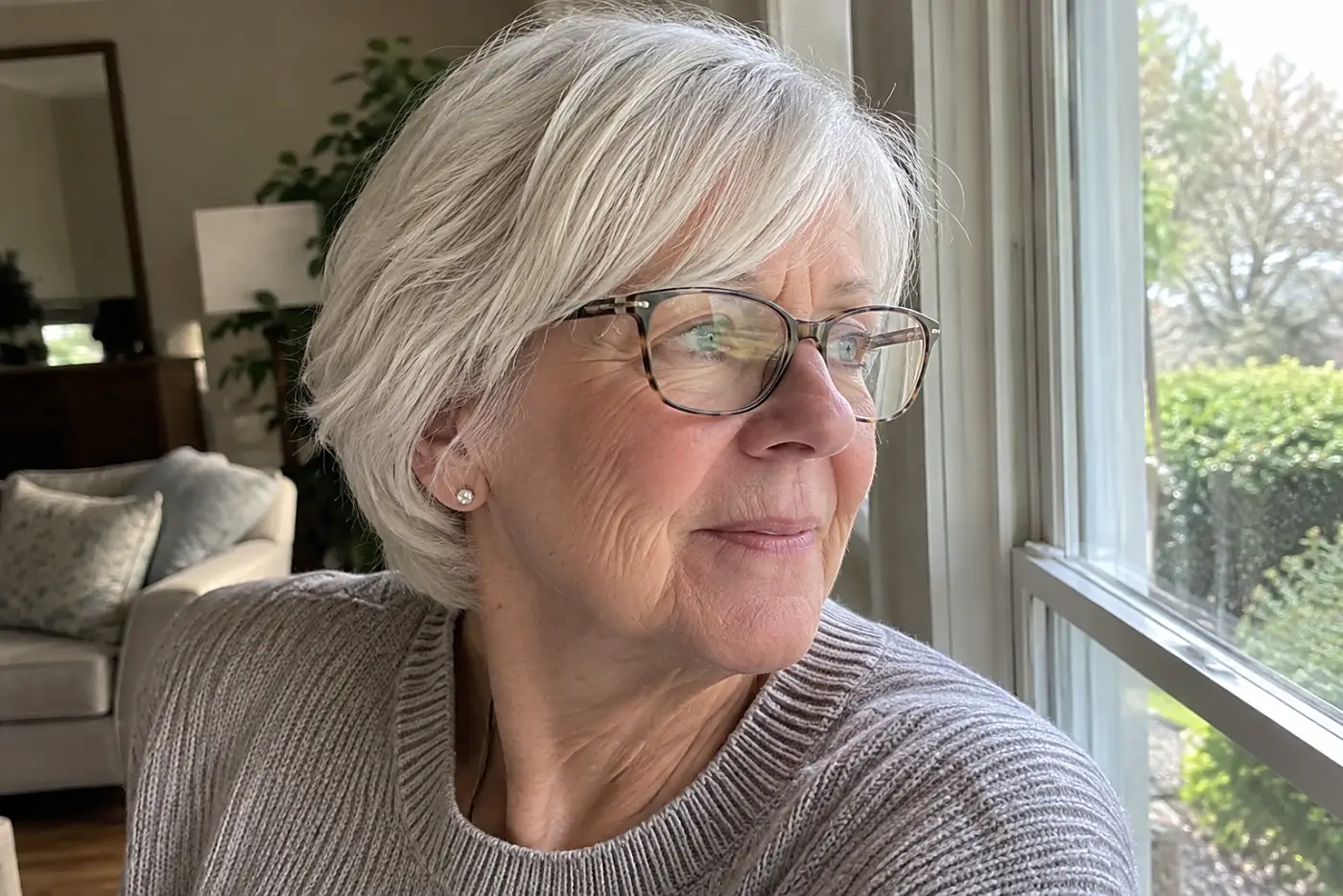 Woman turning toward a window while wearing rounded rectangle glasses in her living room.