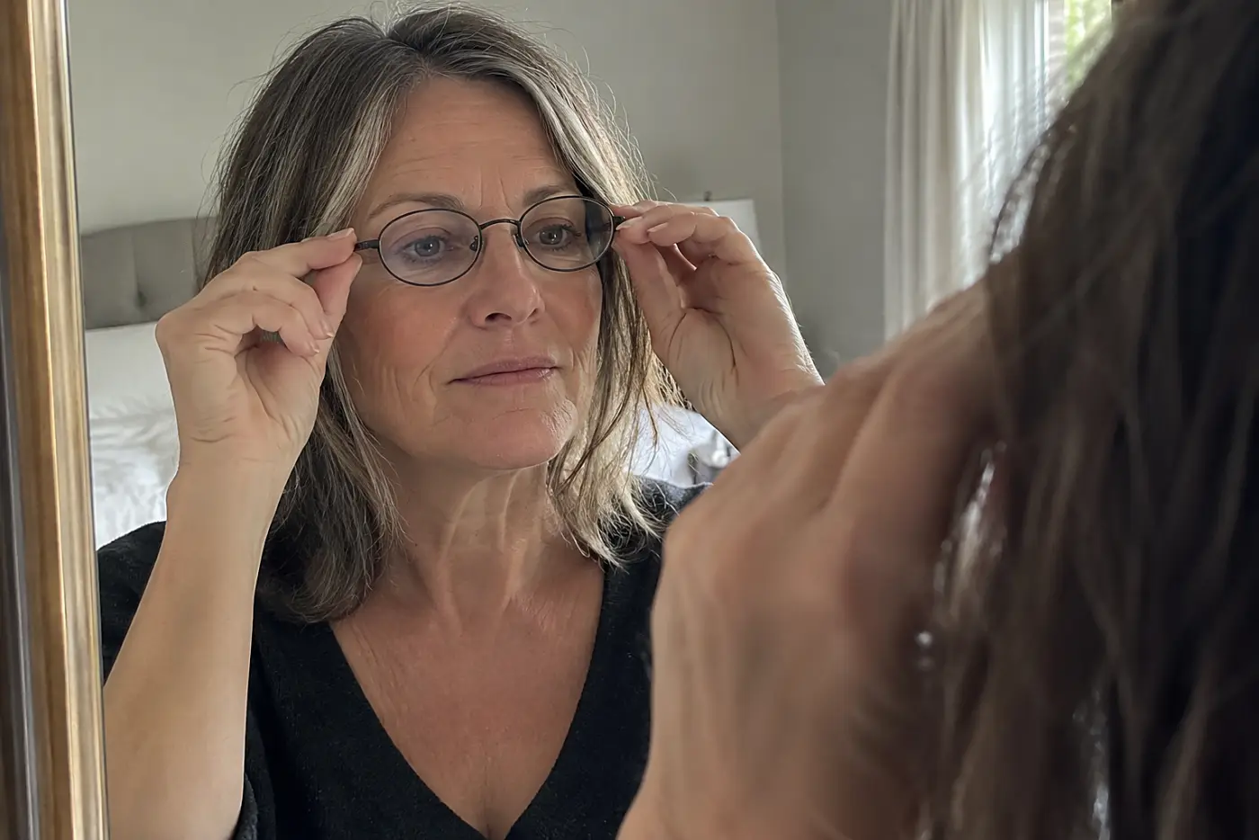 Woman comparing oval glasses with her reflection in a bedroom mirror.